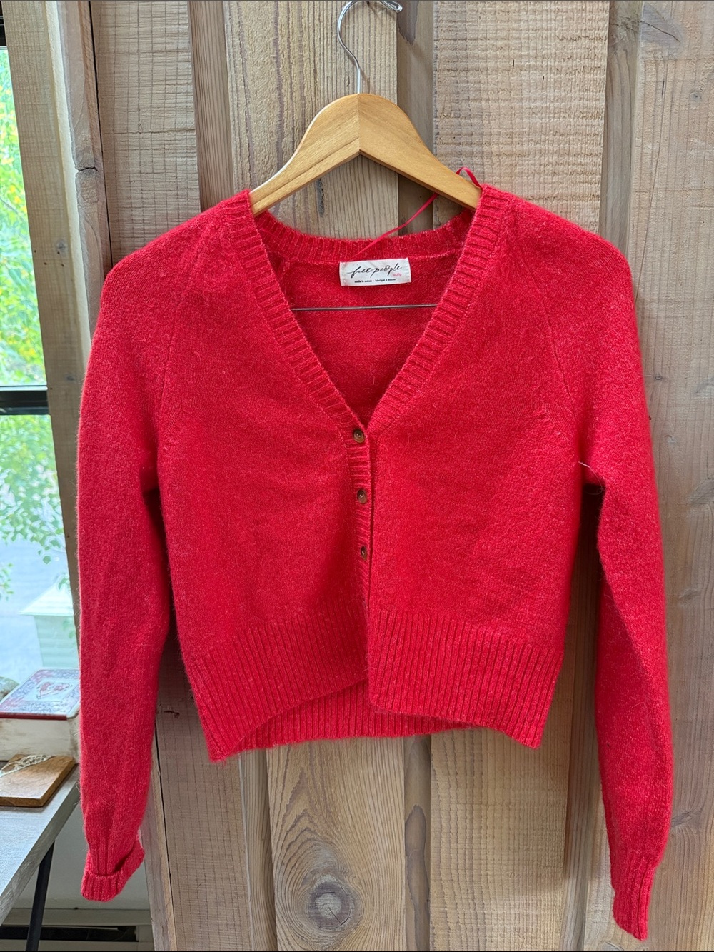 Free People Bright Red Cropped V-Neck Button Cardigan